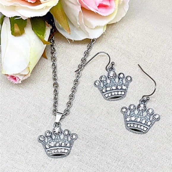 Crystal Crown Earrings or Set With Necklace, Princess Party, Stainless Steel NWT - Picture 2 of 7